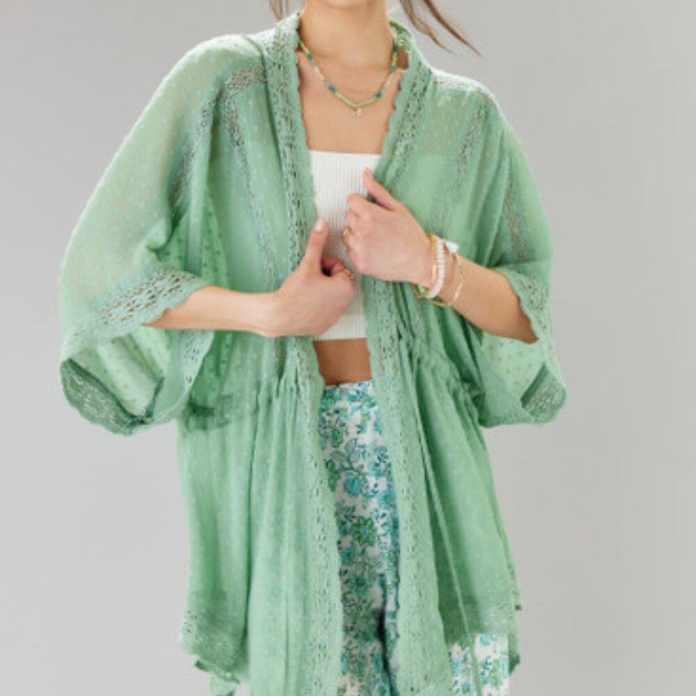NWT Francesca's Sage Green Swiss Dot Kimono Lace Trim Tassel Cover-Up Size S